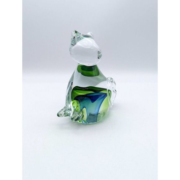 Art Glass Blue and Green Cat Figurine Curling Tail Paperweight - Picture 4 of 12